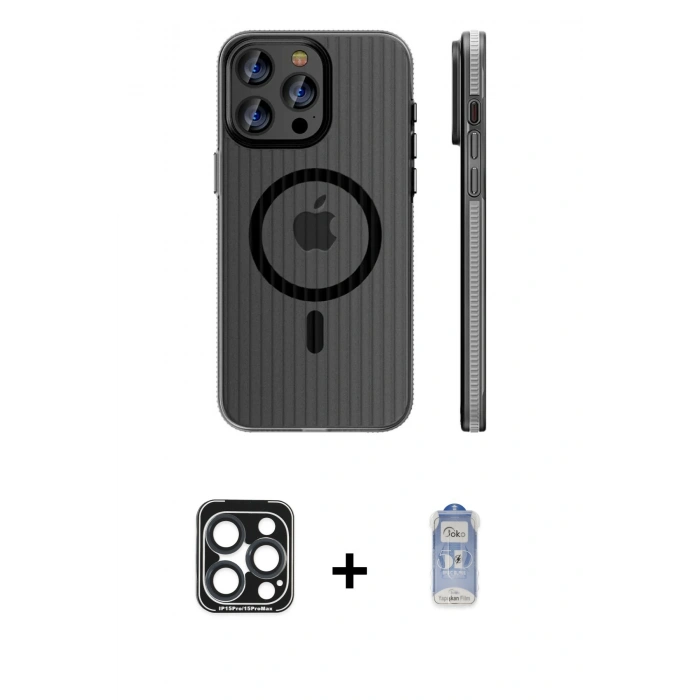 MARSİLYAN™- iPhone 15 Pro Max Kılıf Pusula Minimal Koleksiyonu - Siyah Joko Magic 5D Cam + PVD Metal Kamera Lens - LT