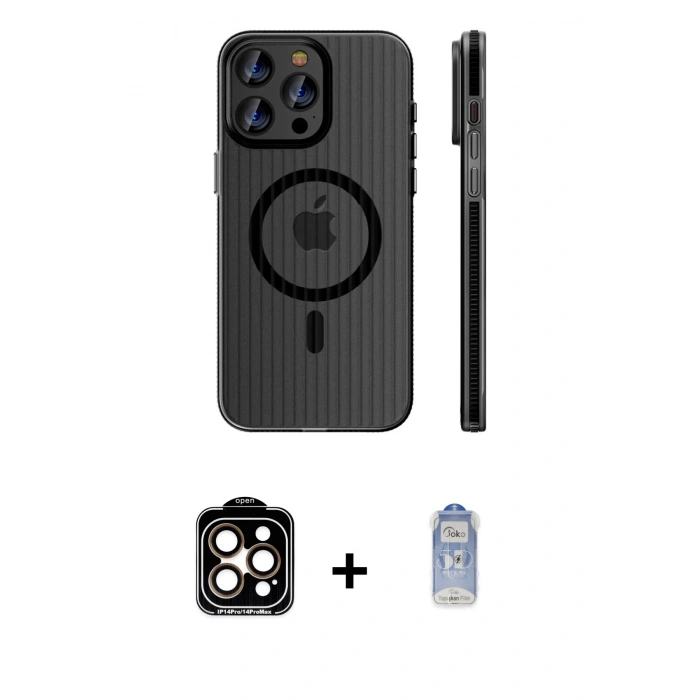 MARSİLYAN™- iPhone 15 Pro Max Kılıf Pusula Minimal Koleksiyonu - Siyah Joko Magic 5D Cam + PVD Metal Kamera Lens - TU