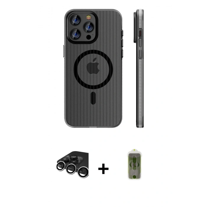 MARSİLYAN™- iPhone 15 Pro Max Kılıf Pusula Minimal Koleksiyonu - Siyah Joko Magic 5D Hayalet Cam + Gümüş Raze Metal Kamera Lens