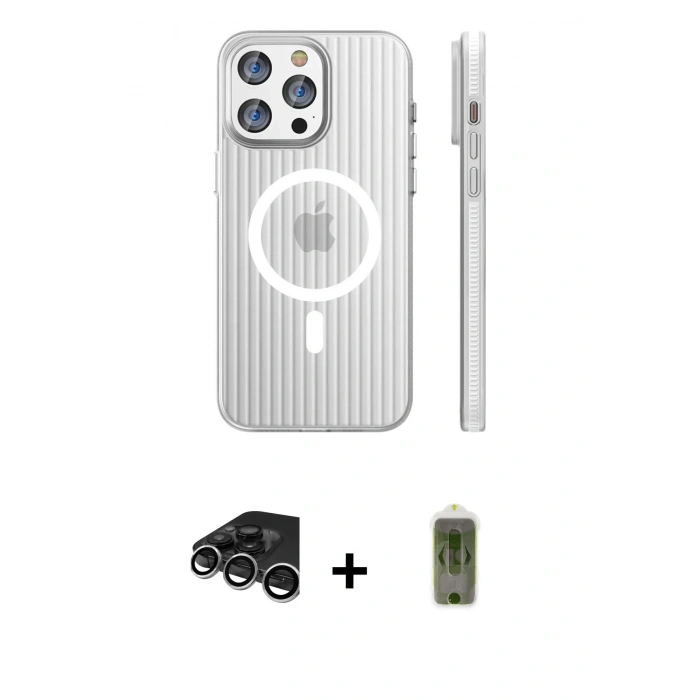 MARSİLYAN™- iPhone 15 Pro Max Kılıf Pusula Minimal Koleksiyonu - Siyah Joko Magic 5D Hayalet Cam + Gümüş Raze Metal Kamera Lens