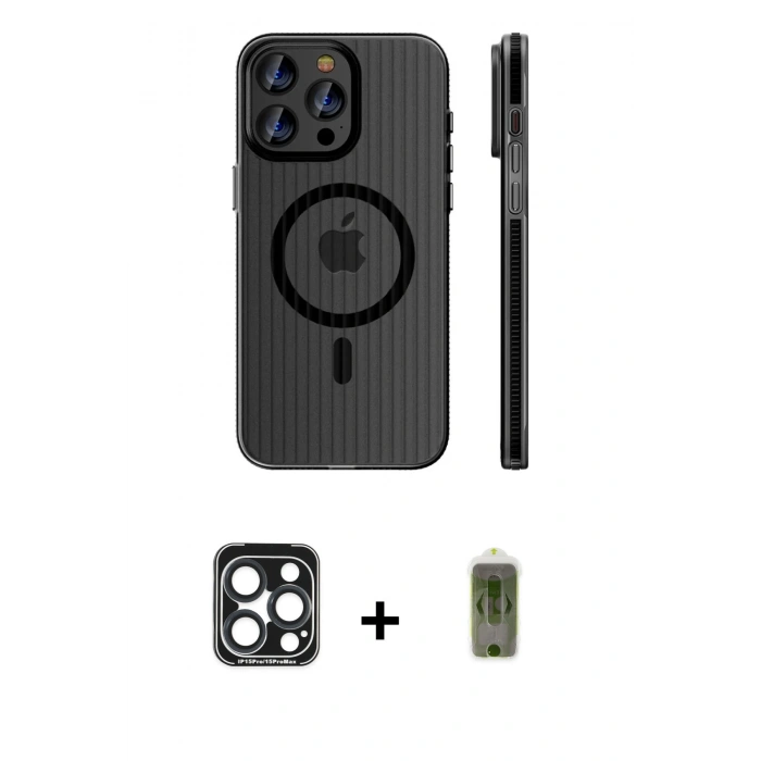 MARSİLYAN™- iPhone 15 Pro Max Kılıf Pusula Minimal Koleksiyonu - Siyah Joko Magic 5D Hayalet Cam + PVD Metal Kamera Lens - LT