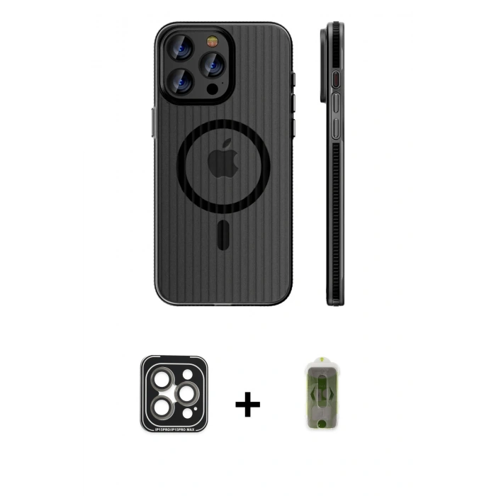 MARSİLYAN™- iPhone 15 Pro Max Kılıf Pusula Minimal Koleksiyonu - Siyah Joko Magic 5D Hayalet Cam + PVD Metal Kamera Lens - GI