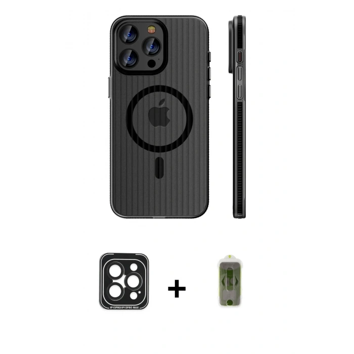 MARSİLYAN™- iPhone 15 Pro Max Kılıf Pusula Minimal Koleksiyonu - Siyah Joko Magic 5D Hayalet Cam + Siyah PVD Metal Kamera Lens