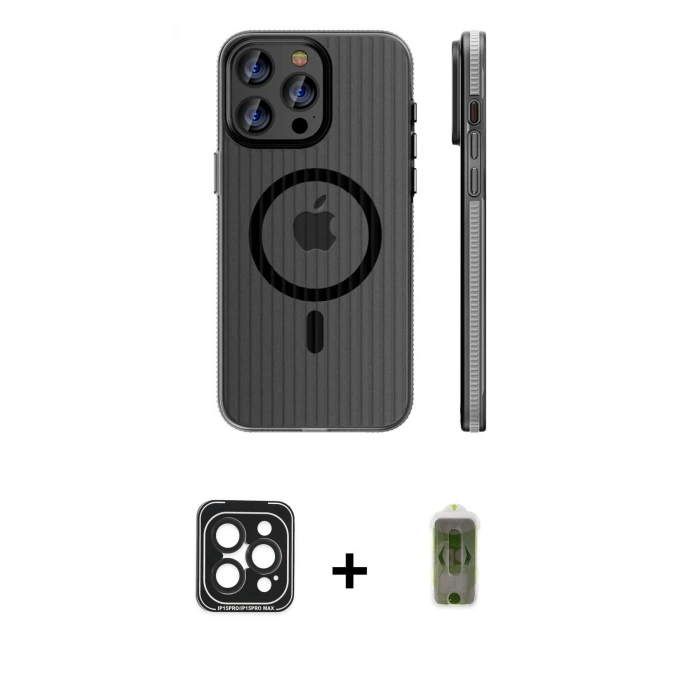 MARSİLYAN™- iPhone 15 Pro Max Kılıf Pusula Minimal Koleksiyonu - Siyah Joko Magic 5D Hayalet Cam + Siyah PVD Metal Kamera Lens