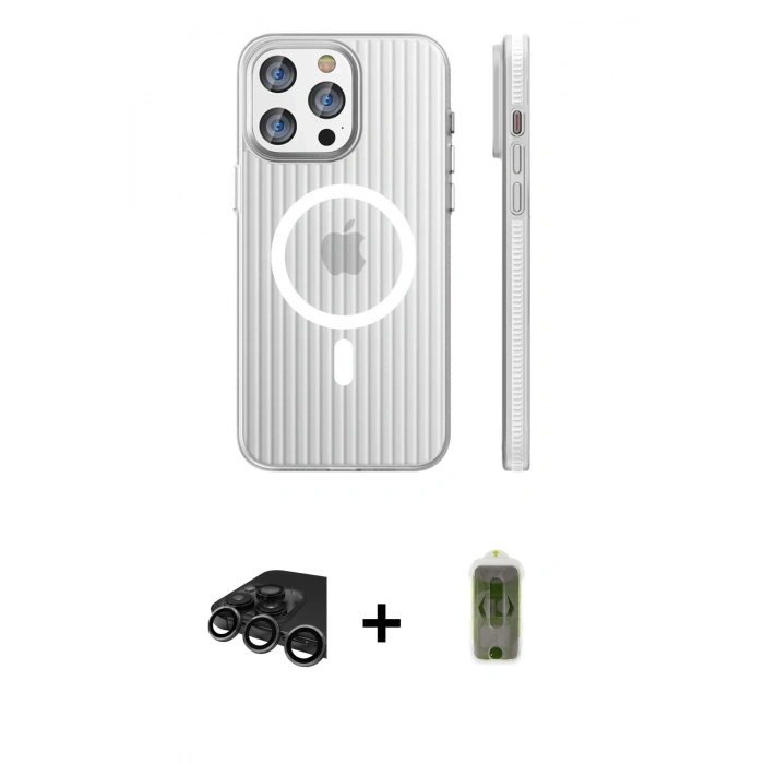MARSİLYAN™- iPhone 15 Pro Max Kılıf Pusula Minimal Koleksiyonu - Siyah Joko Magic 5D Hayalet Cam + Titanyum Gri Raze Metal Kamera Lens