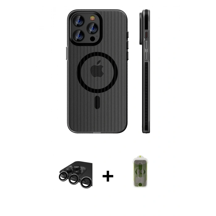 MARSİLYAN™- iPhone 15 Pro Max Kılıf Pusula Minimal Koleksiyonu - Siyah Joko Magic 5D Hayalet Cam + Titanyum Gri Raze Metal Kamera Lens