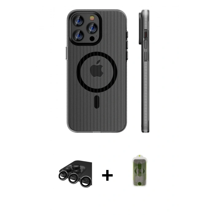 MARSİLYAN™- iPhone 15 Pro Max Kılıf Pusula Minimal Koleksiyonu - Siyah Joko Magic 5D Hayalet Cam + Titanyum Gri Raze Metal Kamera Lens
