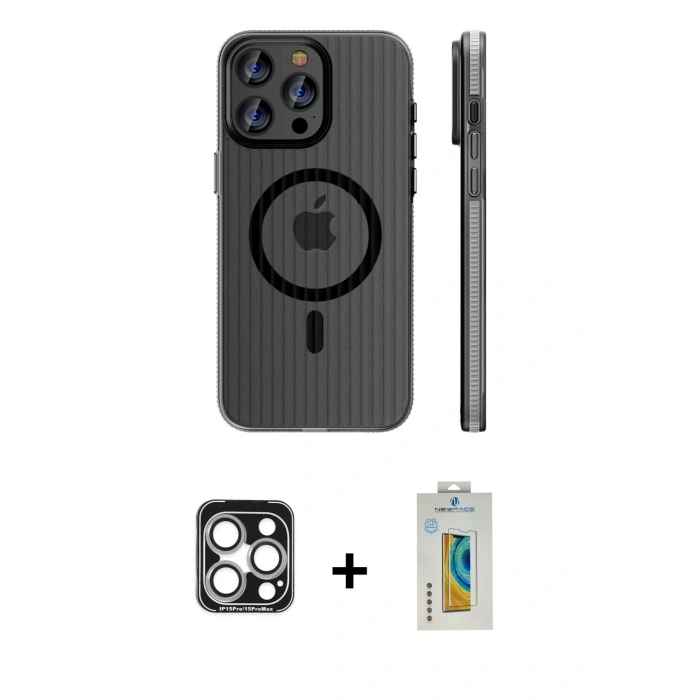 MARSİLYAN™- iPhone 15 Pro Max Kılıf Pusula Minimal Koleksiyonu - Siyah Polymer Nano Ekran Koruyucu + PVD Metal Kamera Lens - GS
