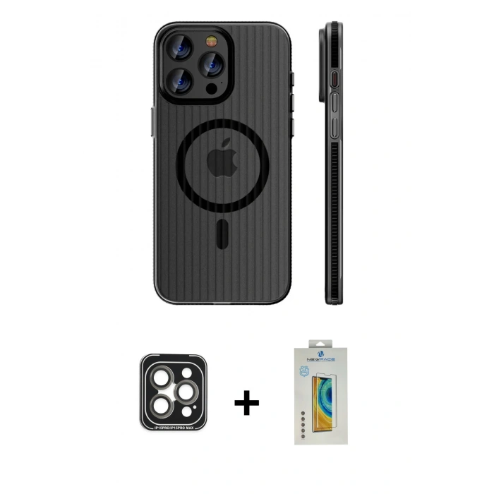 MARSİLYAN™- iPhone 15 Pro Max Kılıf Pusula Minimal Koleksiyonu - Siyah Polymer Nano Ekran Koruyucu + PVD Metal Kamera Lens - GI