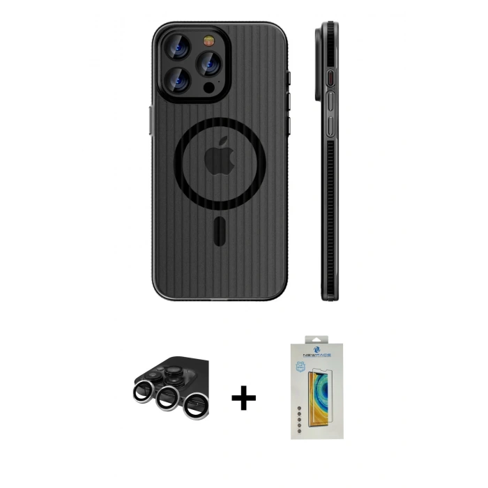 MARSİLYAN™- iPhone 15 Pro Max Kılıf Pusula Minimal Koleksiyonu - Siyah Polymer Nano Ekran Koruyucu + Raze Metal Kamera Lens - GS