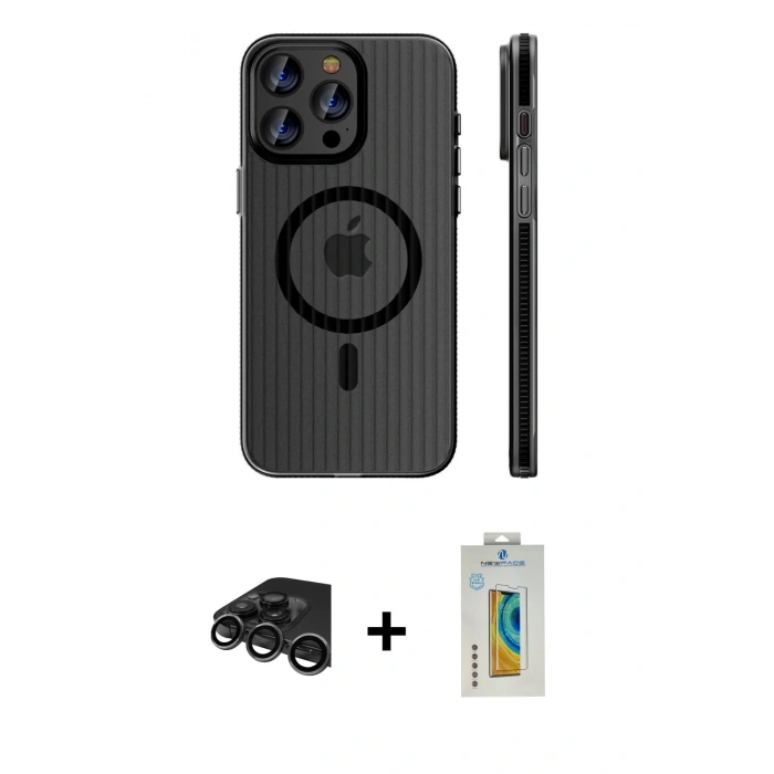 MARSİLYAN™- iPhone 15 Pro Max Kılıf Pusula Minimal Koleksiyonu - Siyah Polymer Nano Ekran Koruyucu + Raze Metal Kamera Lens - TMGI
