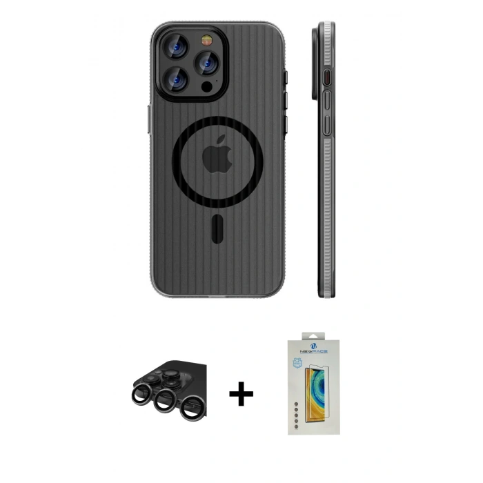 MARSİLYAN™- iPhone 15 Pro Max Kılıf Pusula Minimal Koleksiyonu - Siyah Polymer Nano Ekran Koruyucu + Raze Metal Kamera Lens - TMGI