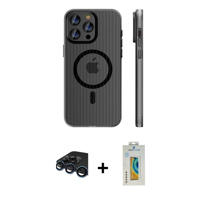 MARSİLYAN™- iPhone 15 Pro Max Kılıf Pusula Minimal Koleksiyonu - Siyah Polymer Nano Ekran Koruyucu + Raze Metal Kamera Lens - LT