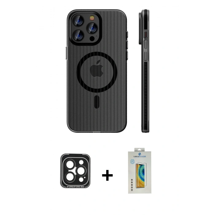 MARSİLYAN™- iPhone 15 Pro Max Kılıf Pusula Minimal Koleksiyonu - Siyah Polymer Nano Ekran Koruyucu + Siyah PVD Metal Kamera Lens