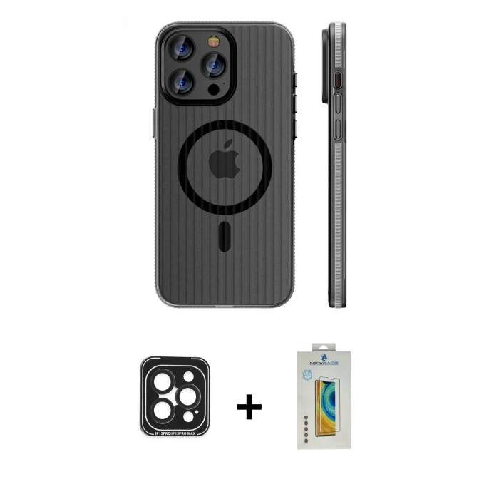 MARSİLYAN™- iPhone 15 Pro Max Kılıf Pusula Minimal Koleksiyonu - Siyah Polymer Nano Ekran Koruyucu + Siyah PVD Metal Kamera Lens