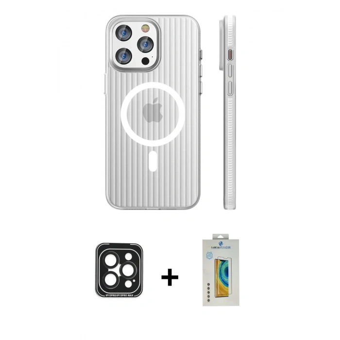 MARSİLYAN™- iPhone 15 Pro Max Kılıf Pusula Minimal Koleksiyonu - Siyah Polymer Nano Ekran Koruyucu + Siyah PVD Metal Kamera Lens