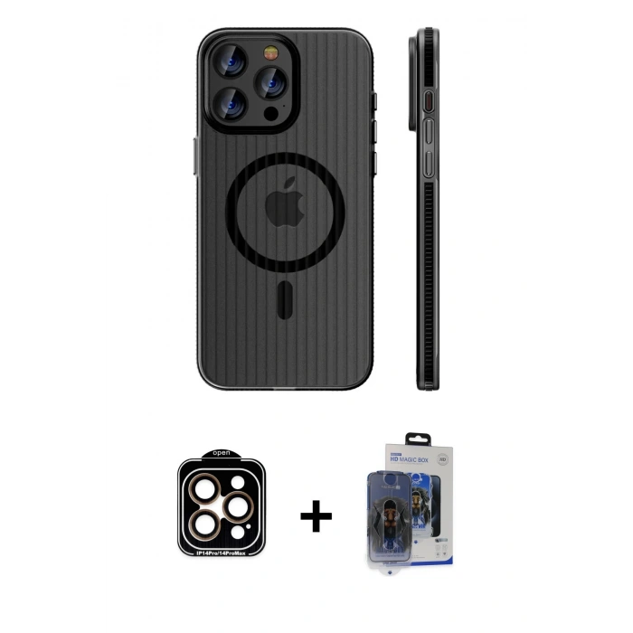 MARSİLYAN™- iPhone 15 Pro Max Kılıf Pusula Minimal Koleksiyonu - Siyah Vanessa Magic Cam + PVD Metal Kamera Lens - TU