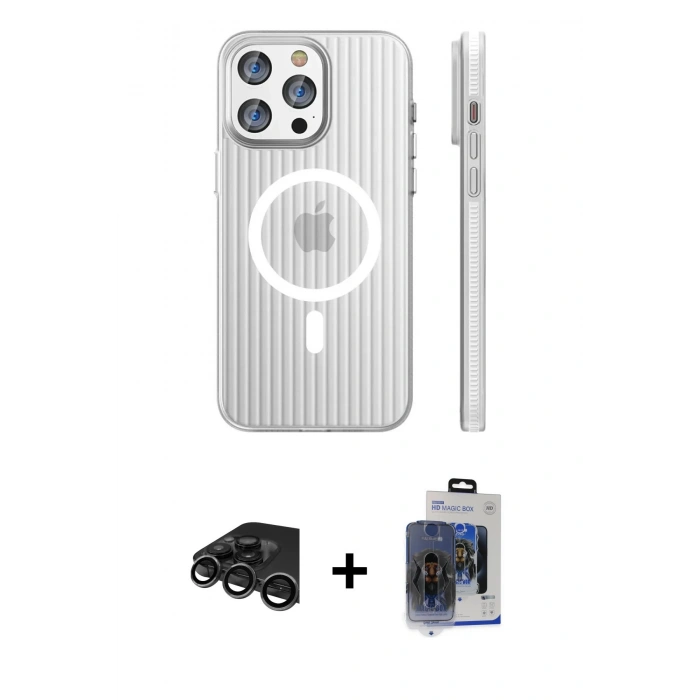 MARSİLYAN™- iPhone 15 Pro Max Kılıf Pusula Minimal Koleksiyonu - Siyah Vanessa Magic Cam + Titanyum Gri Raze Metal Kamera Lens