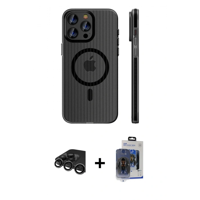 MARSİLYAN™- iPhone 15 Pro Max Kılıf Pusula Minimal Koleksiyonu - Siyah Vanessa Magic Cam + Titanyum Gri Raze Metal Kamera Lens