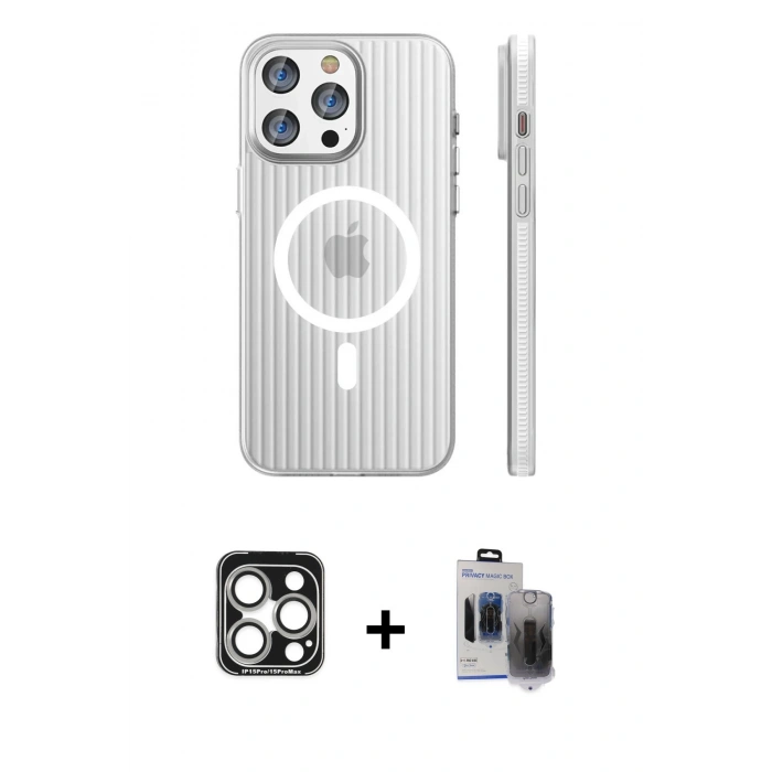 MARSİLYAN™- iPhone 15 Pro Max Kılıf Pusula Minimal Koleksiyonu - Siyah Vanessa Magic Hayalet Cam + PVD Metal Kamera Lens - GS