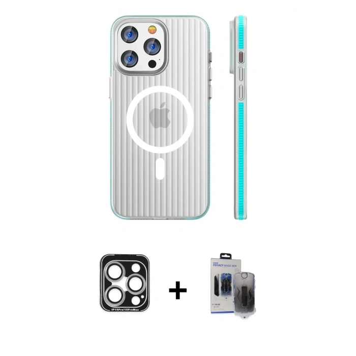 MARSİLYAN™- iPhone 15 Pro Max Kılıf Pusula Minimal Koleksiyonu - Siyah Vanessa Magic Hayalet Cam + PVD Metal Kamera Lens - GS