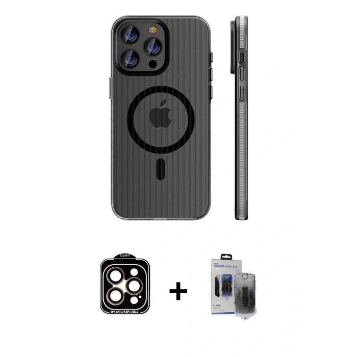 MARSİLYAN™- iPhone 15 Pro Max Kılıf Pusula Minimal Koleksiyonu - Siyah Vanessa Magic Hayalet Cam + PVD Metal Kamera Lens - TU