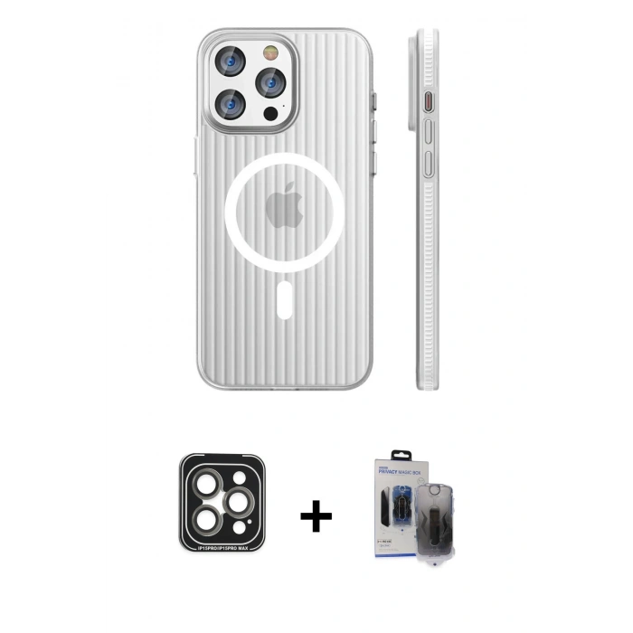 MARSİLYAN™- iPhone 15 Pro Max Kılıf Pusula Minimal Koleksiyonu - Siyah Vanessa Magic Hayalet Cam + PVD Metal Kamera Lens - GI