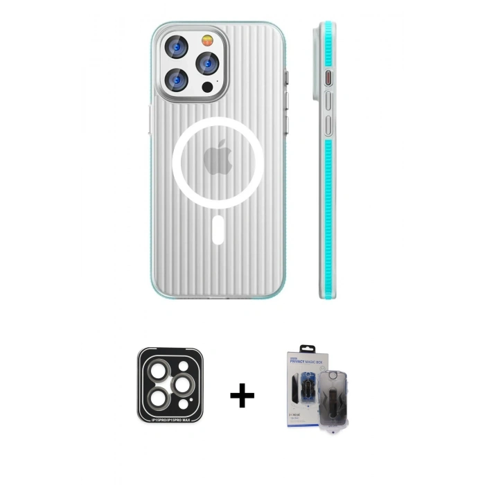 MARSİLYAN™- iPhone 15 Pro Max Kılıf Pusula Minimal Koleksiyonu - Siyah Vanessa Magic Hayalet Cam + PVD Metal Kamera Lens - GI