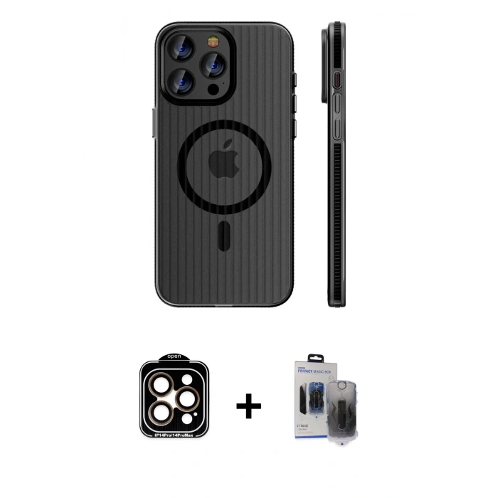 MARSİLYAN™- iPhone 15 Pro Max Kılıf Pusula Minimal Koleksiyonu - Siyah Vanessa Magic Hayalet Cam + PVD Metal Kamera Lens - TU