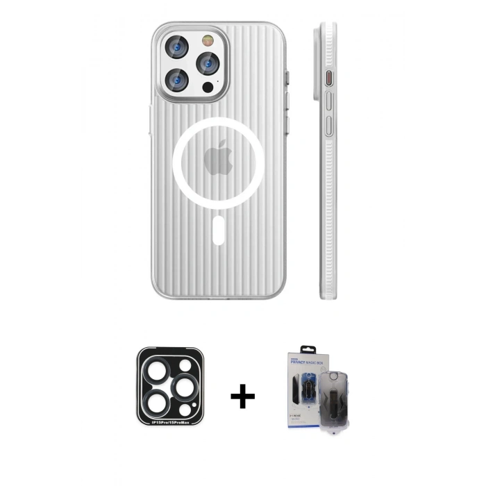 MARSİLYAN™- iPhone 15 Pro Max Kılıf Pusula Minimal Koleksiyonu - Siyah Vanessa Magic Hayalet Cam + PVD Metal Kamera Lens - LT