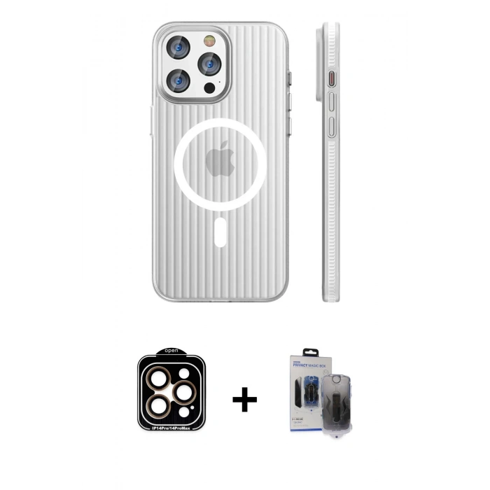 MARSİLYAN™- iPhone 15 Pro Max Kılıf Pusula Minimal Koleksiyonu - Siyah Vanessa Magic Hayalet Cam + PVD Metal Kamera Lens - TU