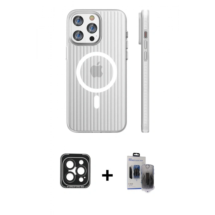 MARSİLYAN™- iPhone 15 Pro Max Kılıf Pusula Minimal Koleksiyonu - Siyah Vanessa Magic Hayalet Cam + PVD Metal Kamera Lens - SH