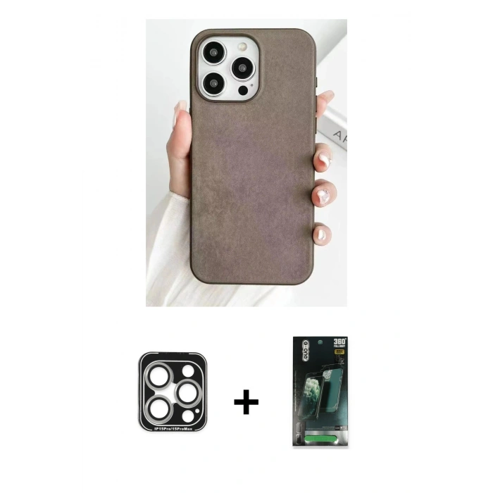 MARSİLYAN™- iPhone 15 Pro Max Kılıf Pusula Modern - Şeffaf 360 Full Body Arka Koruyucu + PVD Metal Kamera Lens - GS