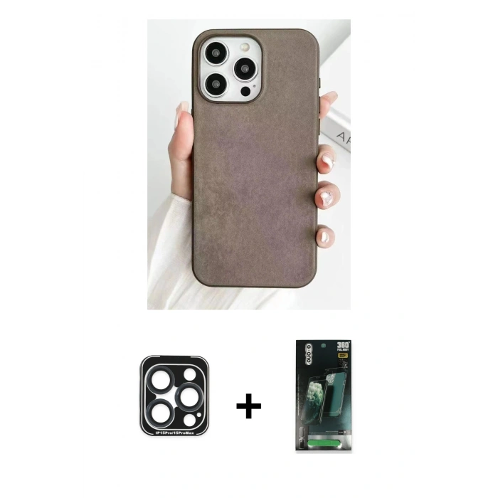 MARSİLYAN™- iPhone 15 Pro Max Kılıf Pusula Modern - Şeffaf 360 Full Body Arka Koruyucu + PVD Metal Kamera Lens - LT