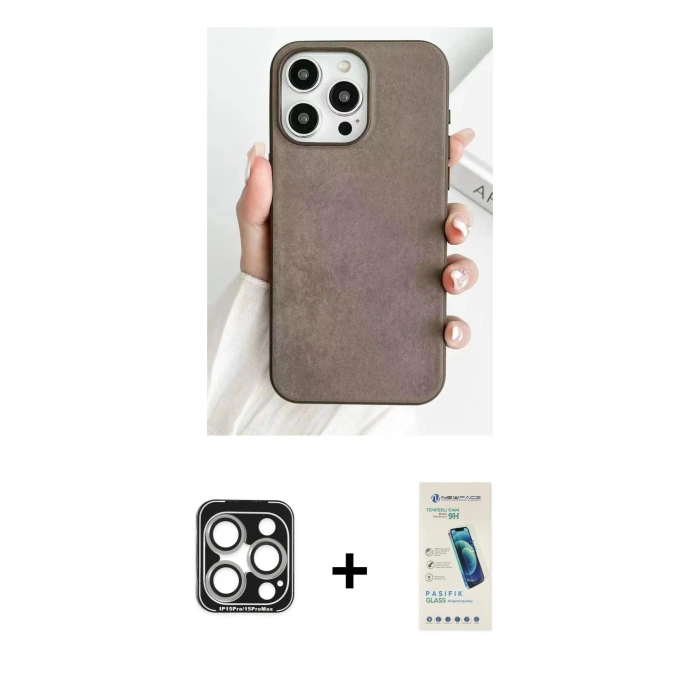 MARSİLYAN™- iPhone 15 Pro Max Kılıf Pusula Modern - Şeffaf Pasifik Cam Ekran Koruyucu + Gümüş PVD Metal Kamera Lens