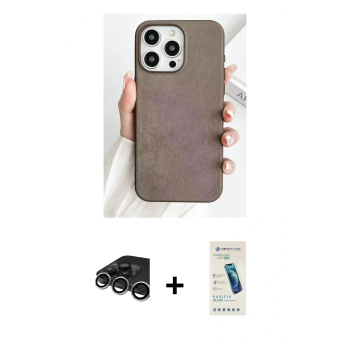 MARSİLYAN™- iPhone 15 Pro Max Kılıf Pusula Modern - Şeffaf Pasifik Cam Ekran Koruyucu + Raze Metal Kamera Lens - GS