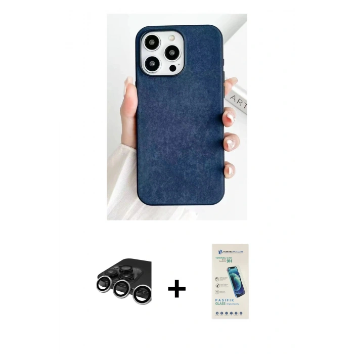 MARSİLYAN™- iPhone 15 Pro Max Kılıf Pusula Modern - Şeffaf Pasifik Cam Ekran Koruyucu + Raze Metal Kamera Lens - GS