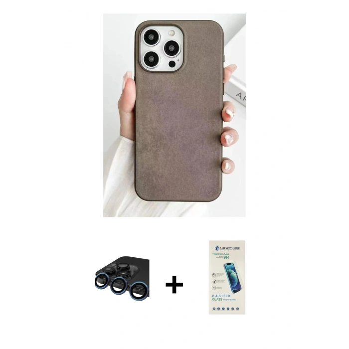 MARSİLYAN™- iPhone 15 Pro Max Kılıf Pusula Modern - Şeffaf Pasifik Cam Ekran Koruyucu + Raze Metal Kamera Lens - LT