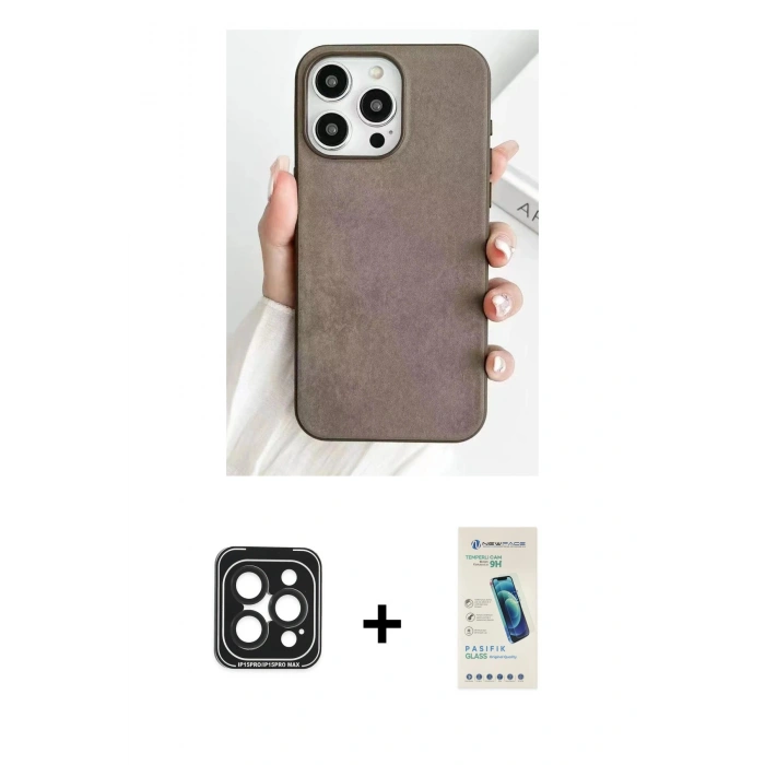 MARSİLYAN™- iPhone 15 Pro Max Kılıf Pusula Modern - Şeffaf Pasifik Cam Ekran Koruyucu + PVD Metal Kamera Lens - SH