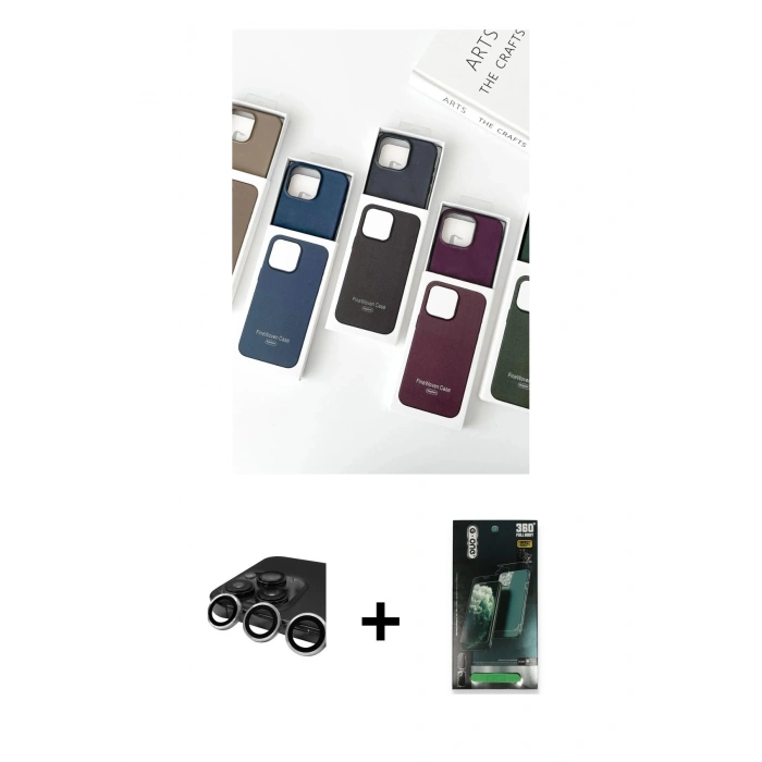MARSİLYAN™- iPhone 15 Pro Max Kılıf Pusula Modern - Siyah 360 Mat Full Body Arka Koruyucu + Gümüş Raze Metal Kamera Lens