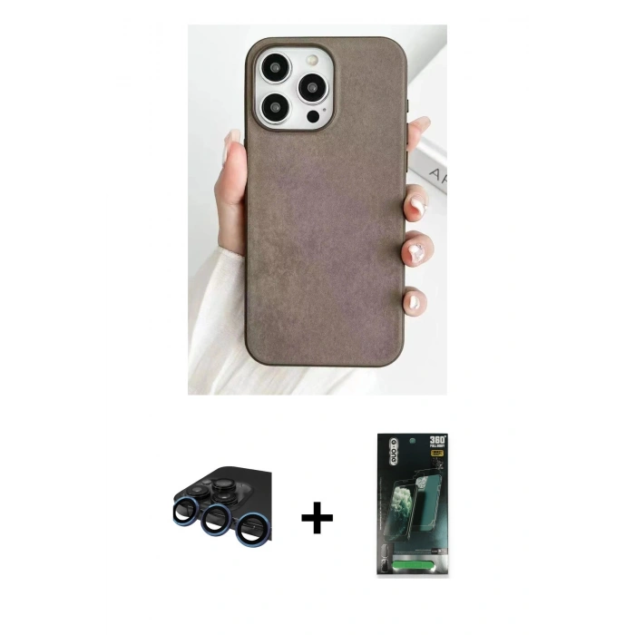 MARSİLYAN™- iPhone 15 Pro Max Kılıf Pusula Modern - Siyah 360 Mat Full Body Arka Koruyucu + Lacivert Raze Metal Kamera Lens