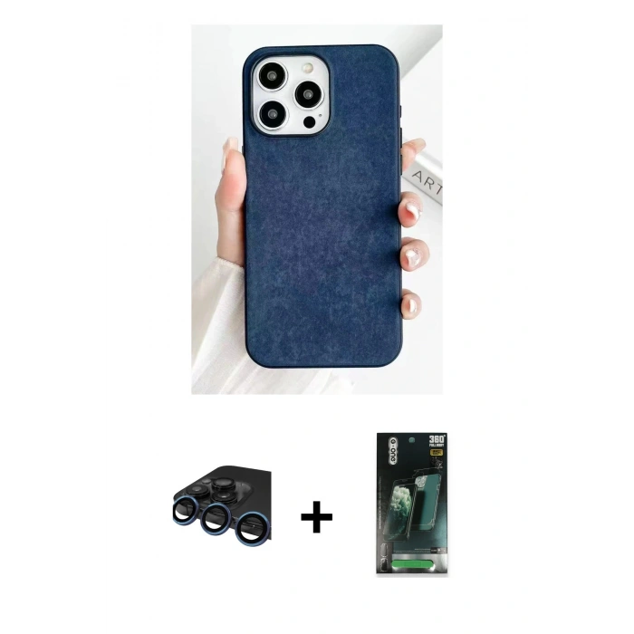 MARSİLYAN™- iPhone 15 Pro Max Kılıf Pusula Modern - Siyah 360 Mat Full Body Arka Koruyucu + Lacivert Raze Metal Kamera Lens