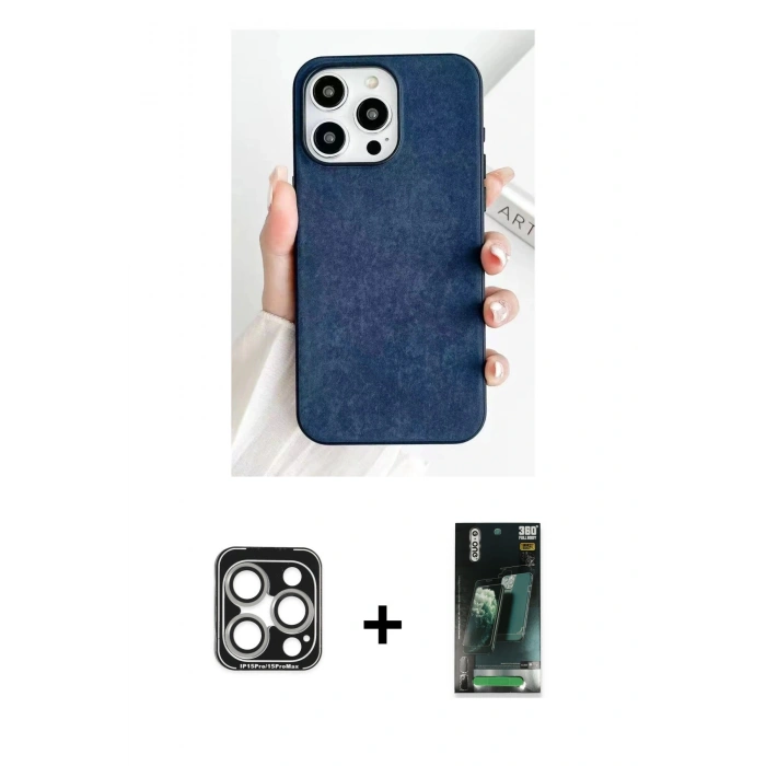 MARSİLYAN™- iPhone 15 Pro Max Kılıf Pusula Modern - Siyah 360 Mat Full Body Arka Koruyucu + PVD Metal Kamera Lens - GS