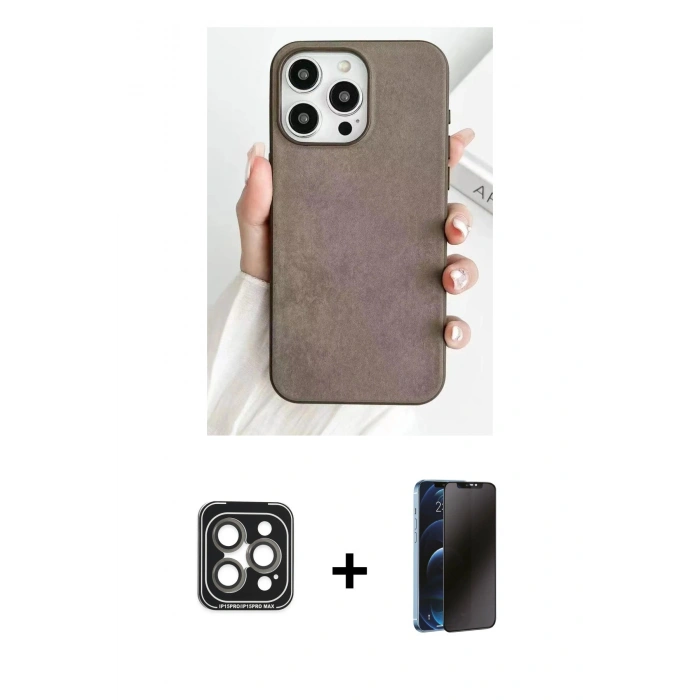 MARSİLYAN™- iPhone 15 Pro Max Kılıf Pusula Modern - Siyah 3D Antistatik Hayalet Cam Ekran Koruyucu + Gri PVD Metal Kamera Lens