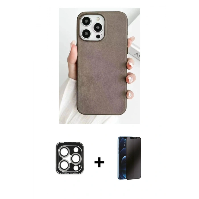 MARSİLYAN™- iPhone 15 Pro Max Kılıf Pusula Modern - Siyah 3D Antistatik Hayalet Cam Ekran Koruyucu + Gümüş PVD Metal Kamera Lens