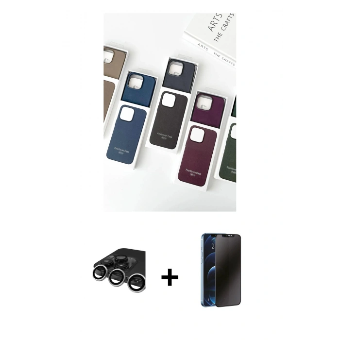 MARSİLYAN™- iPhone 15 Pro Max Kılıf Pusula Modern - Siyah 3D Antistatik Hayalet Cam Ekran Koruyucu + Raze Metal Kamera Lens - GS