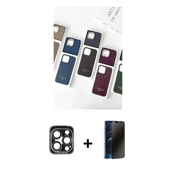 MARSİLYAN™- iPhone 15 Pro Max Kılıf Pusula Modern - Siyah 3D Antistatik Hayalet Cam Ekran Koruyucu + PVD Metal Kamera Lens - LT