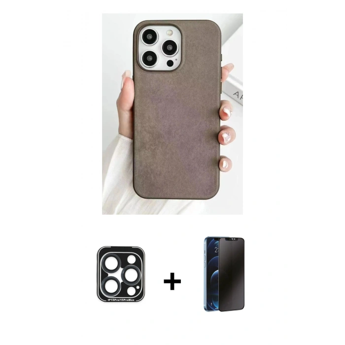 MARSİLYAN™- iPhone 15 Pro Max Kılıf Pusula Modern - Siyah 3D Antistatik Hayalet Cam Ekran Koruyucu + PVD Metal Kamera Lens - LT