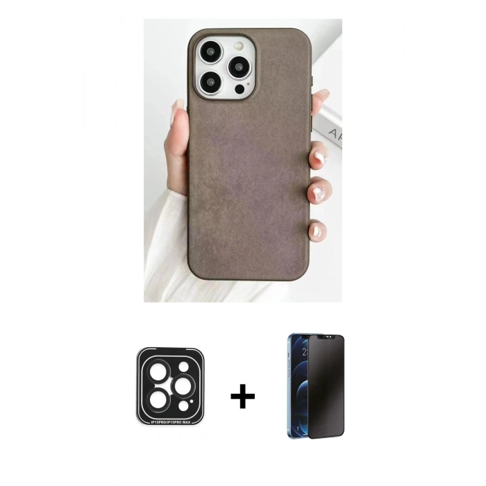 MARSİLYAN™- iPhone 15 Pro Max Kılıf Pusula Modern - Siyah 3D Antistatik Hayalet Cam Ekran Koruyucu + PVD Metal Kamera Lens - SH