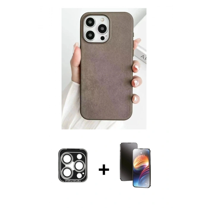 MARSİLYAN™- iPhone 15 Pro Max Kılıf Pusula Modern - Siyah 3D Antistatik Mat Seramik Nano Ekran Koruyucu + PVD Metal Kamera Lens - GS
